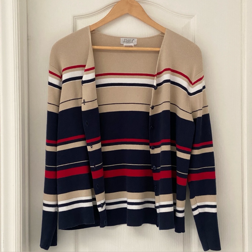 Tiara International Striped Cotton Cardigan Women's L Navy Red Preppy